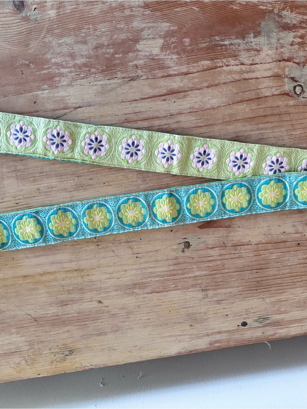 Hadley Pollet Embroidered Floral Ribbon Trim Belt in Green and Blue